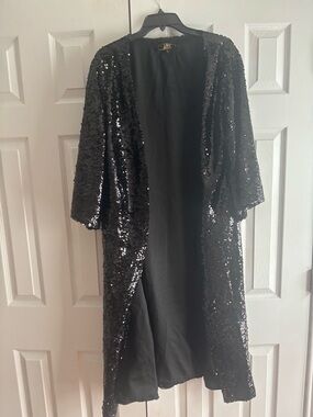 L And B 
Black Sequin Duster Coat - Women's Evening Jacket